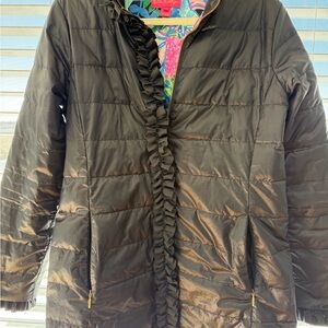 Lily Pulitzer Women’s Black Quilted Ruffle-Trim Coat Size 8